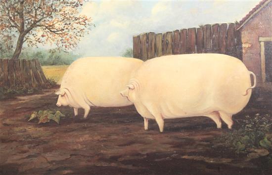 19th century English School Naive study of two pigs in a field 19 x 29in.